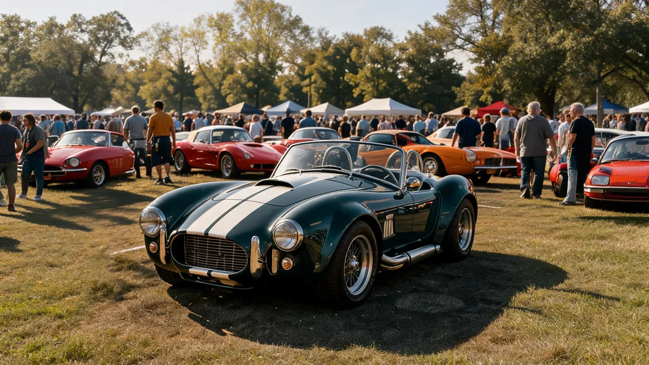 Illustrative outdoor gathering of classic cars and visitors