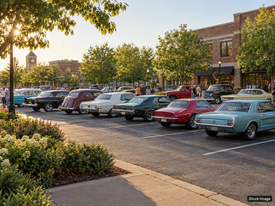Columbus Cars & Coffee - Olentangy River Rd - October 17, 2026: Car Shows & Cruise-Ins in Columbus, Ohio (a wide classic-car gathering in a parking lot scene)