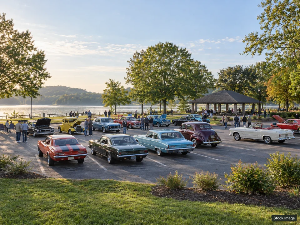 Kickstands & Coffee - October 17, 2026: Car Shows & Cruise-Ins in Columbus, Ohio (a wide classic-car gathering in a parking lot scene)