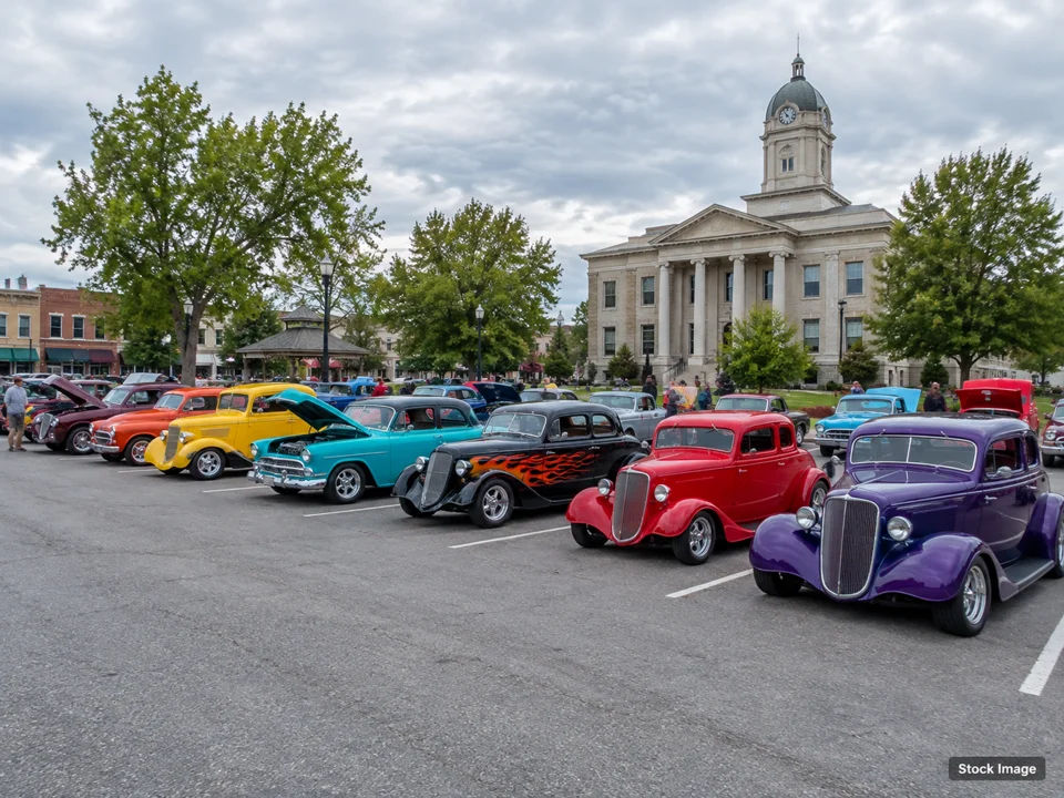 Education of Yesterday 22nd Annual Farm Show: Car Shows & Cruise-Ins in Dresden, Ohio (a wide classic-car gathering in a parking lot scene)