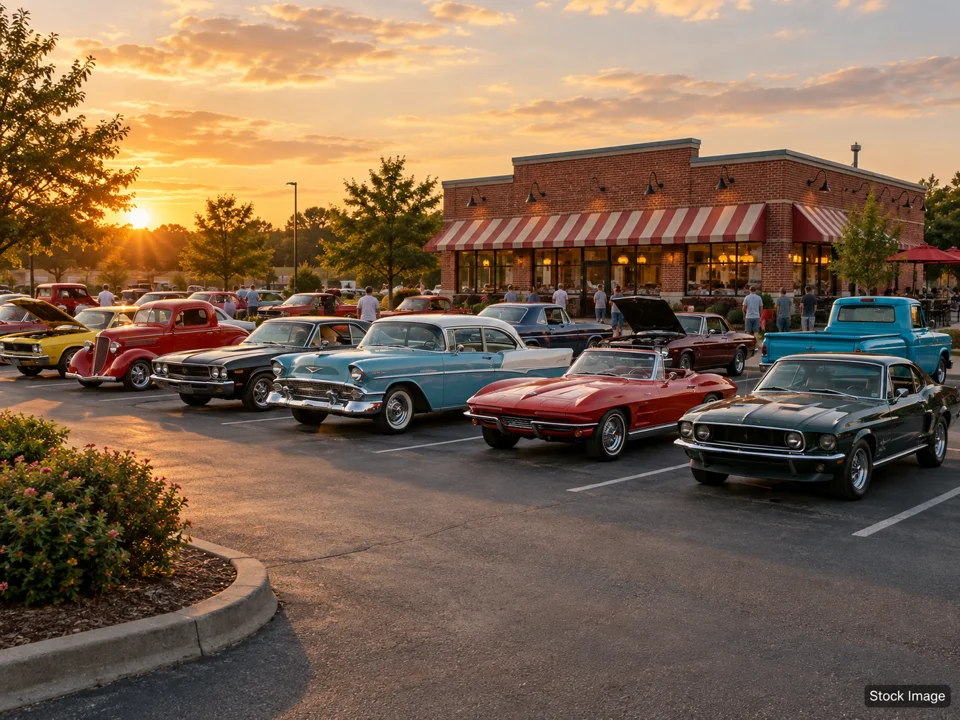 Show: Car Shows & Cruise-Ins in Woodbine, New Jersey (a wide classic-car gathering outside a vintage hamburger shop scene)