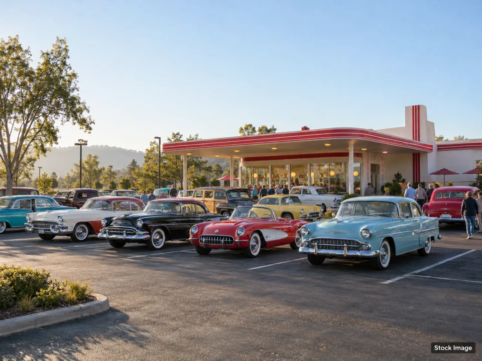 CORVETTES AT THE BEACH: Car Shows & Cruise-Ins in South Carolina (a wide classic-car gathering outside a vintage hamburger shop scene)