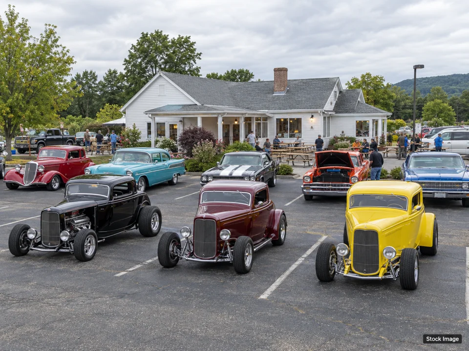 New England Concours d'Elegance (3rd annual): Car Shows & Cruise-Ins in Avon, Connecticut (a wide classic-car gathering outside a vintage hamburger shop scene)