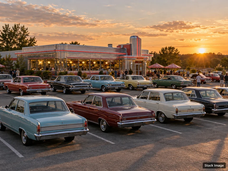 The Spot Cruise-In at Winks Drive-In - October 16: Car Shows & Cruise-Ins in Barberton, Ohio (a wide classic-car gathering outside a vintage hamburger shop scene)