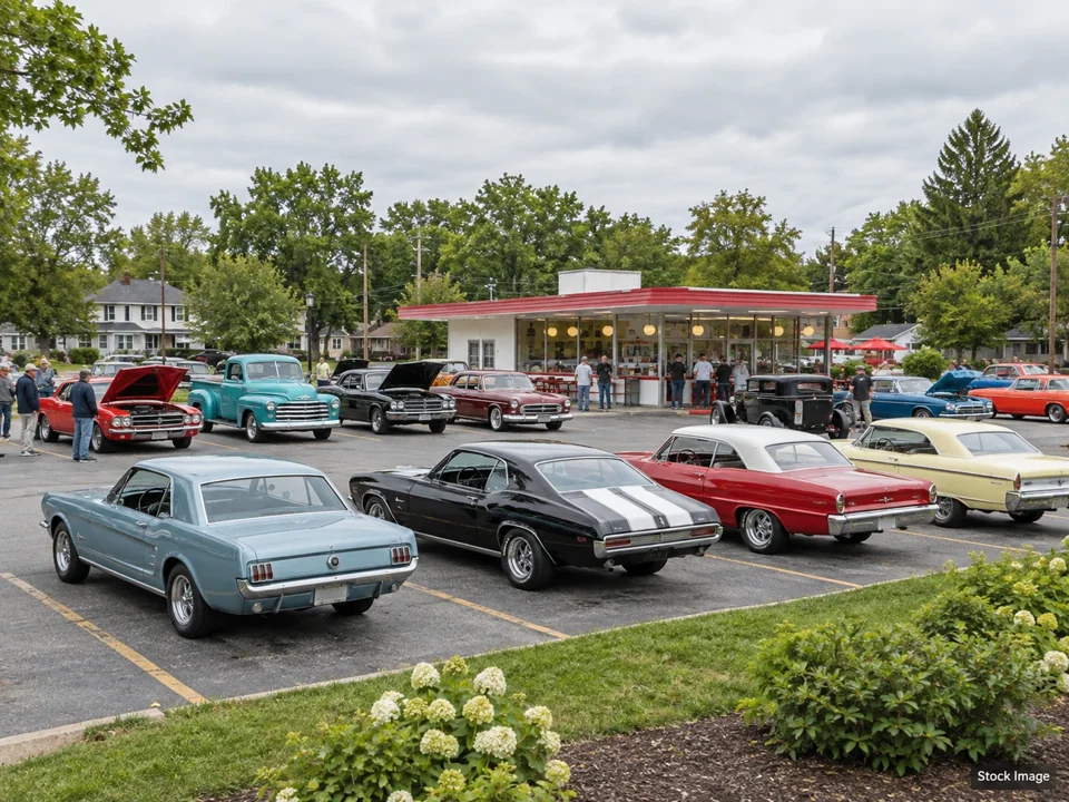 Route 66 Centennial Car Show: Car Shows & Cruise-Ins in Prescott, Arizona (a wide classic-car gathering outside a vintage hamburger shop scene)
