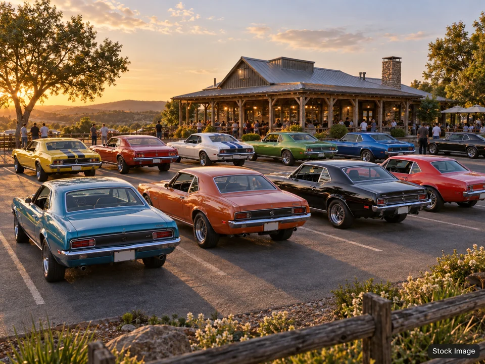 Colorfest 2026 Midwest Blue Oval All Ford Show: Car Shows & Cruise-Ins in Osage Beach, Missouri (a wide classic-car gathering outside a vintage hamburger shop scene)