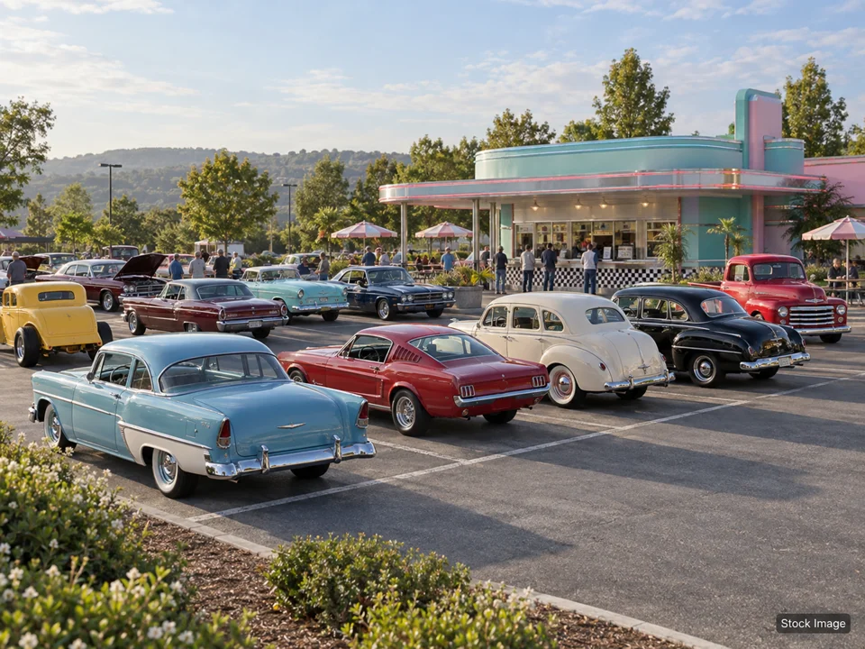 My Car Swap Meet: Car Shows & Cruise-Ins in Sedalia, Missouri (a wide classic-car gathering outside a vintage hamburger shop scene)
