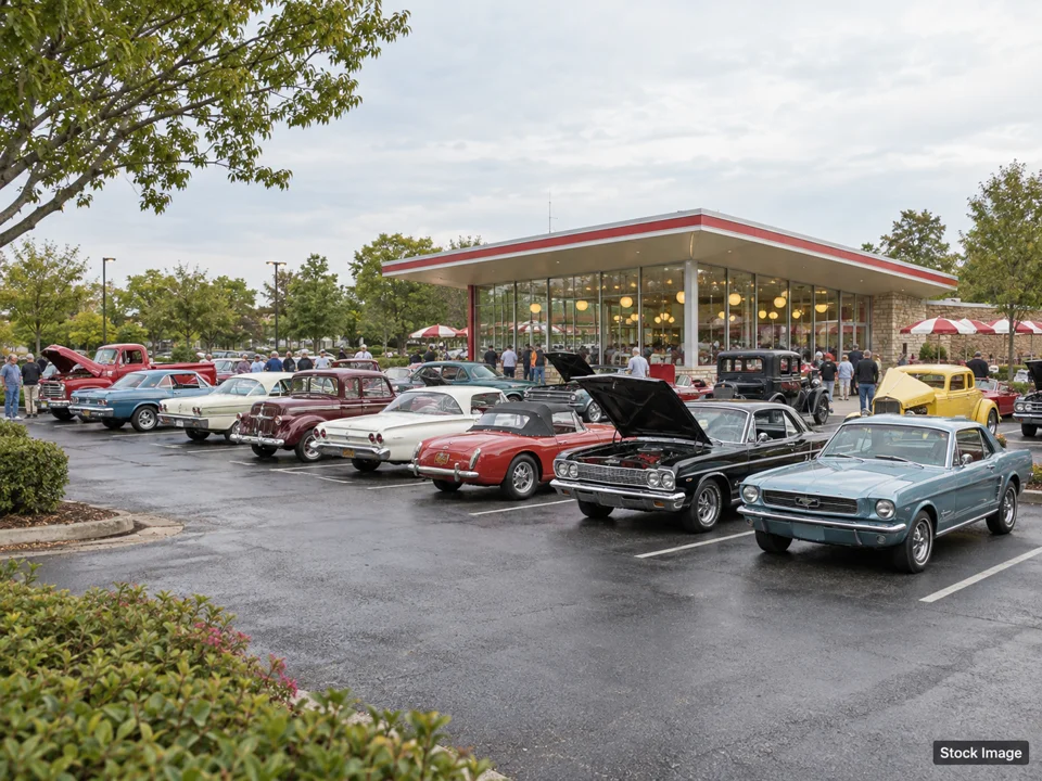 America’s British Reliability Run — Pennsylvania: Car Shows & Cruise-Ins in Shepherdstown, West Virginia (a wide classic-car gathering outside a vintage hamburger shop scene)