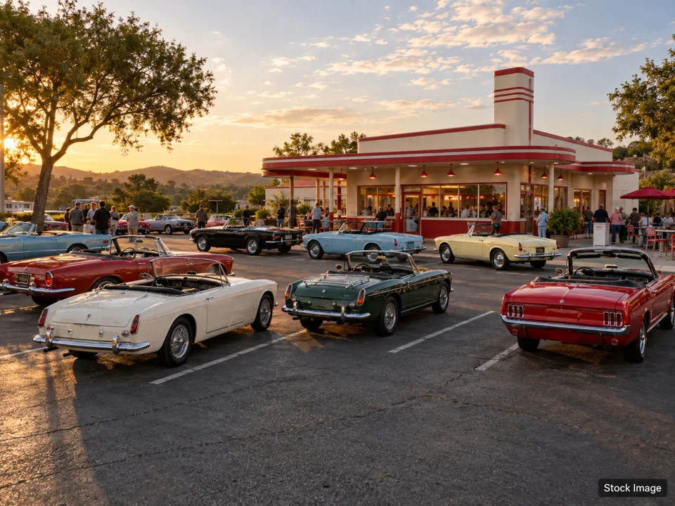 Lake Mirror Classic Concours & Car Show: Car Shows & Cruise-Ins in Lakeland, Florida (a wide classic-car gathering outside a vintage hamburger shop scene)