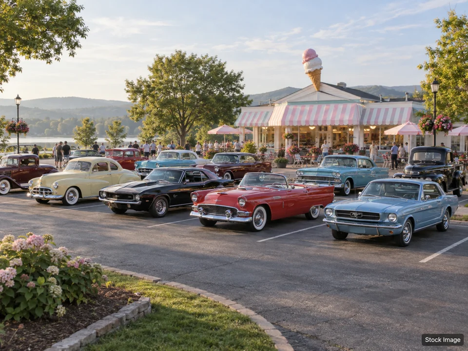 Cars and Coffee at Liberty Town Center: Car Shows & Cruise-Ins in Liberty Township, Ohio (a wide classic-car gathering outside a vintage ice cream shop scene)