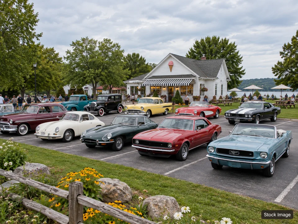 Bristol Day Car Show: Car Shows & Cruise-Ins in Bristol, Pennsylvania, Pennsylvania (a wide classic-car gathering outside a vintage ice cream shop scene)