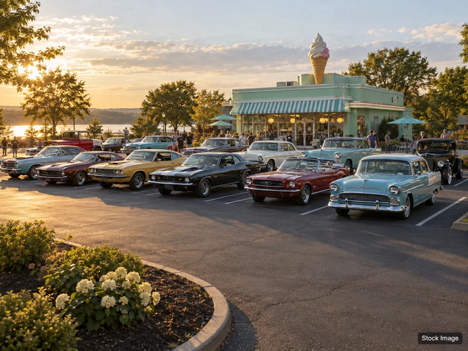 Delaware Valley Road Runners Halloween Car Show: Car Shows & Cruise-Ins in Levittown, Pennsylvania (a wide classic-car gathering outside a vintage ice cream shop scene)