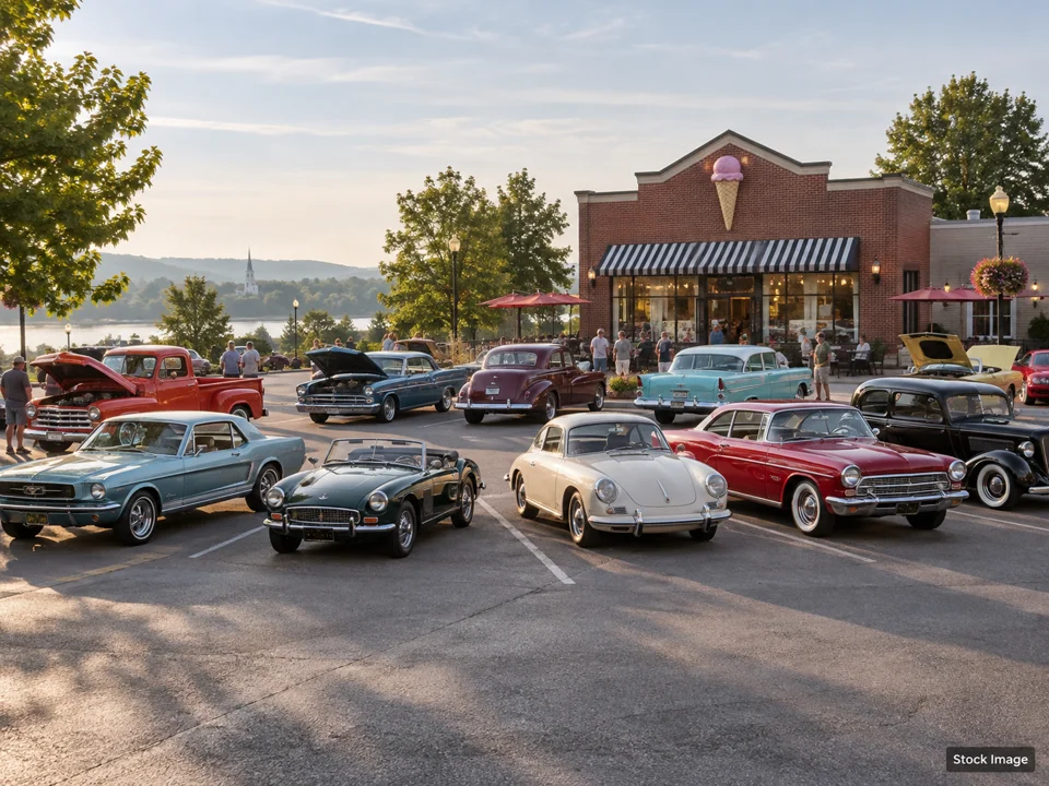 Murphy's Eats & Treats Cruise: Car Shows & Cruise-Ins in Framingham, Massachusetts (a wide classic-car gathering outside a vintage ice cream shop scene)