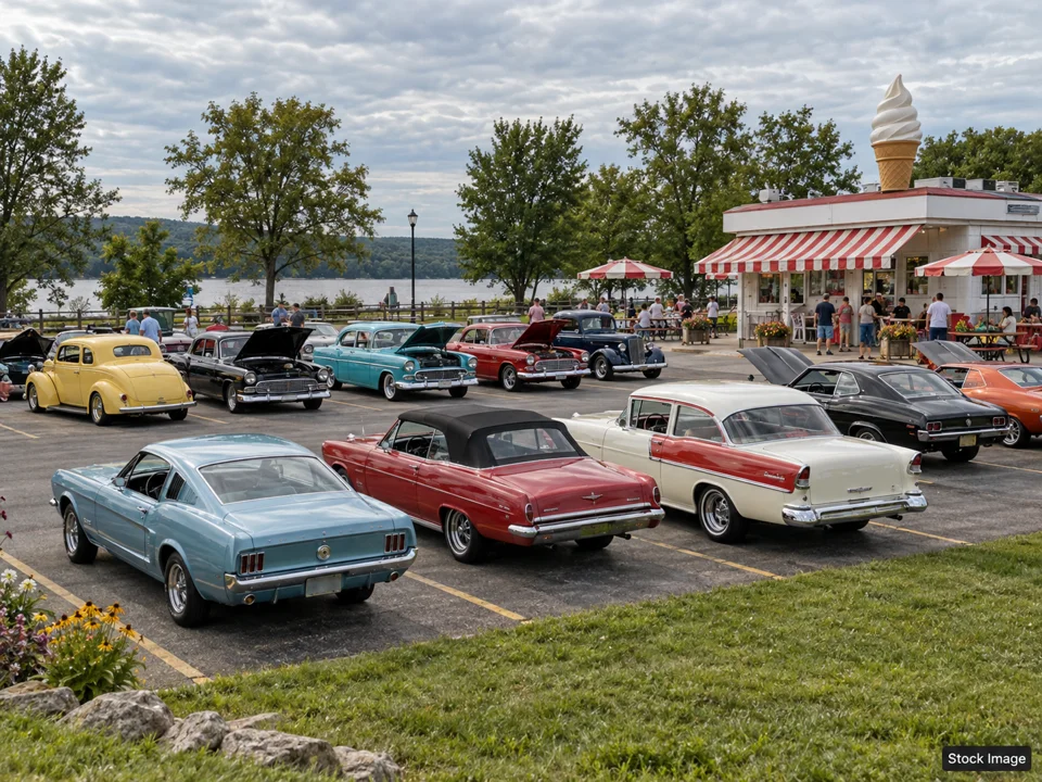 5TH ANNUAL HOLIDAY HOT ROD ROUND UP: Car Shows & Cruise-Ins in Covington, Virginia (a wide classic-car gathering outside a vintage ice cream shop scene)
