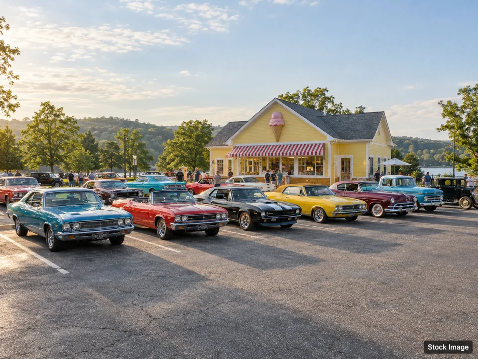 36th Annual Bowling Green Harvest Festival Classic Car and Truck Show: Car Shows & Cruise-Ins in Bowling Green, Virginia (a wide classic-car gathering outside a vintage ice cream shop scene)