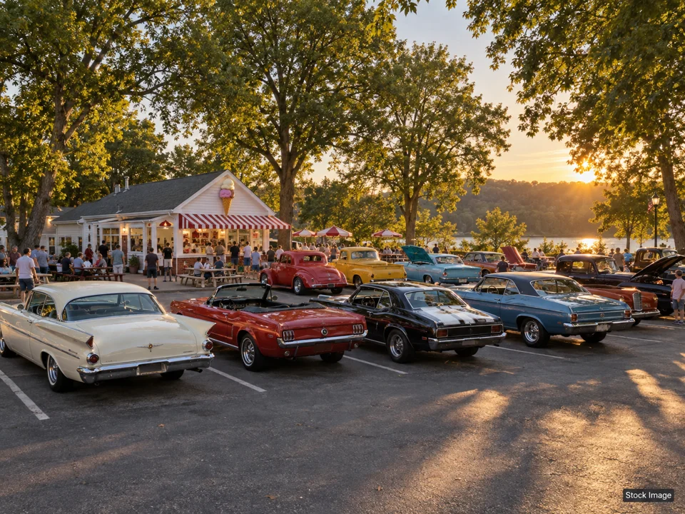 Columbus Cars & Coffee - Olentangy River Rd - October 17, 2026: Car Shows & Cruise-Ins in Columbus, Ohio (a wide classic-car gathering outside a vintage ice cream shop scene)