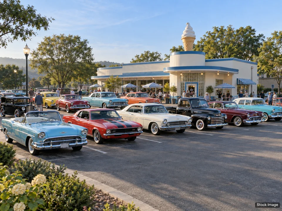 DeutscheMarques Oktoberfest, Color Tour & Market: Car Shows & Cruise-Ins in Hickory Corners, Michigan (a wide classic-car gathering outside a vintage ice cream shop scene)