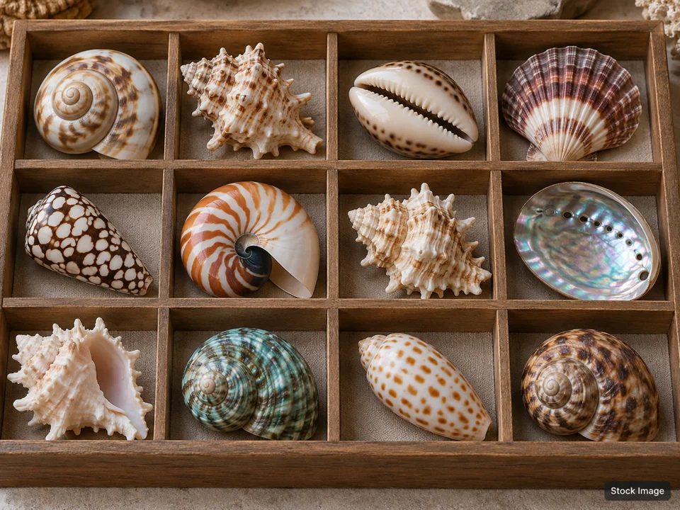 The Findlay Antique Bottle Club’s 49th Annual Antique Bottle & Collectibles Show & Sale: Multi-Category Collectible Expos in Findlay, Ohio (polished shells in a specimen tray scene)