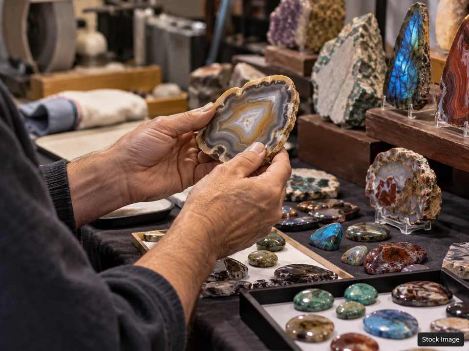 Village Originals Tucson Warehouse Show - October Show: Gem, Mineral, Rock & Jewelry Shows in Tucson, Arizona (lapidary scene)