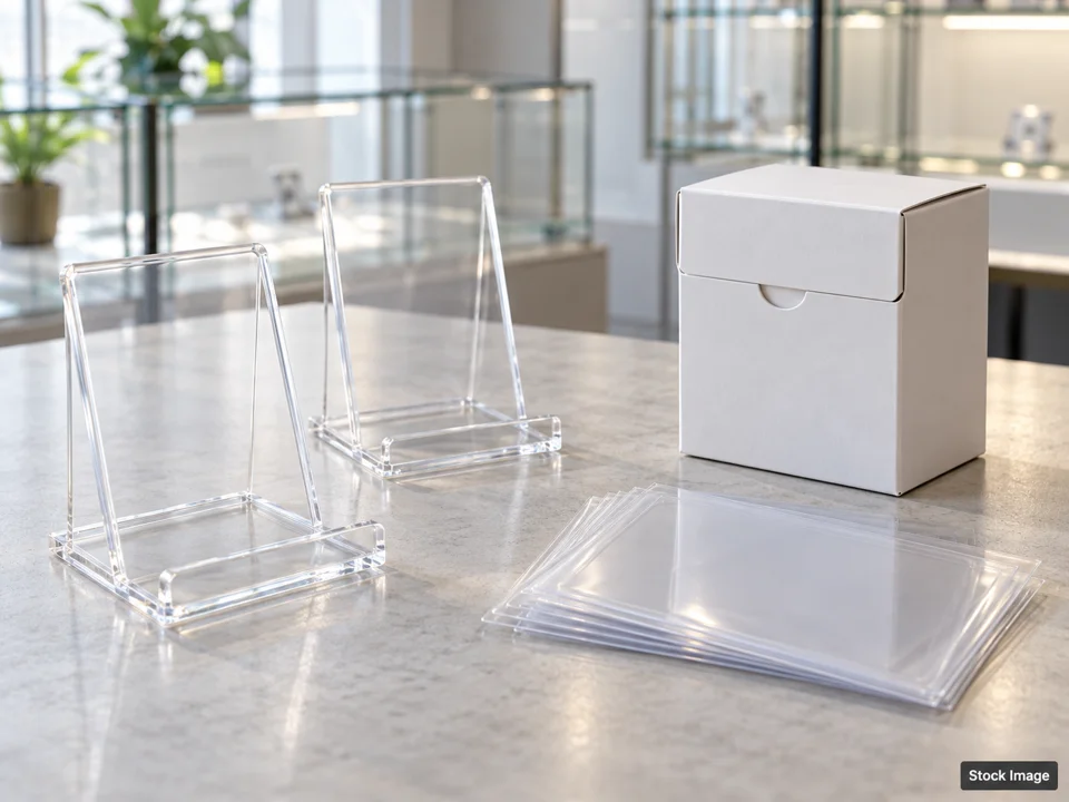 Miami TCG Convention: TCG / Pokémon Shows in West Palm Beach, Florida (empty acrylic card display stands beside a plain closed deck box and blank protective sleeves scene)