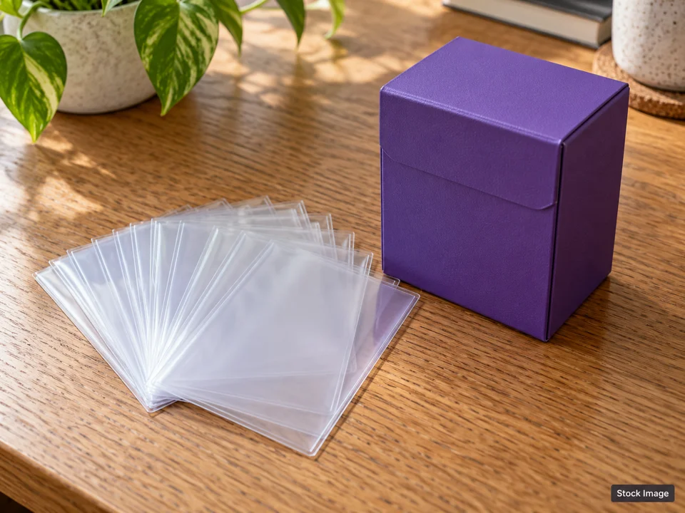 PokeKon Fest - All Pokemon Show -Fayetteville, Arkansas: TCG / Pokémon Shows in Fayetteville, Arkansas (clear empty card sleeves fanned beside a plain violet deck box on an oak hobby table scene)