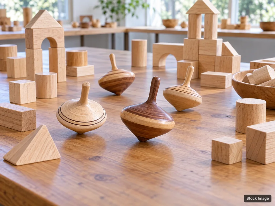 Leesport Market Toy Show: Toy Shows in Leesport, Pennsylvania (plain wooden spinning tops and building pieces scene)