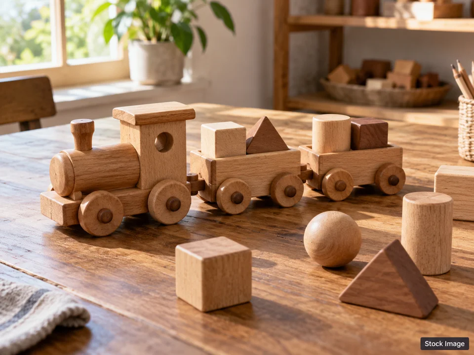 Maryland Toy Expo: Toy Shows in Timonium, Maryland (a small unbranded wooden toy train beside geometric wooden blocks on a display table scene)