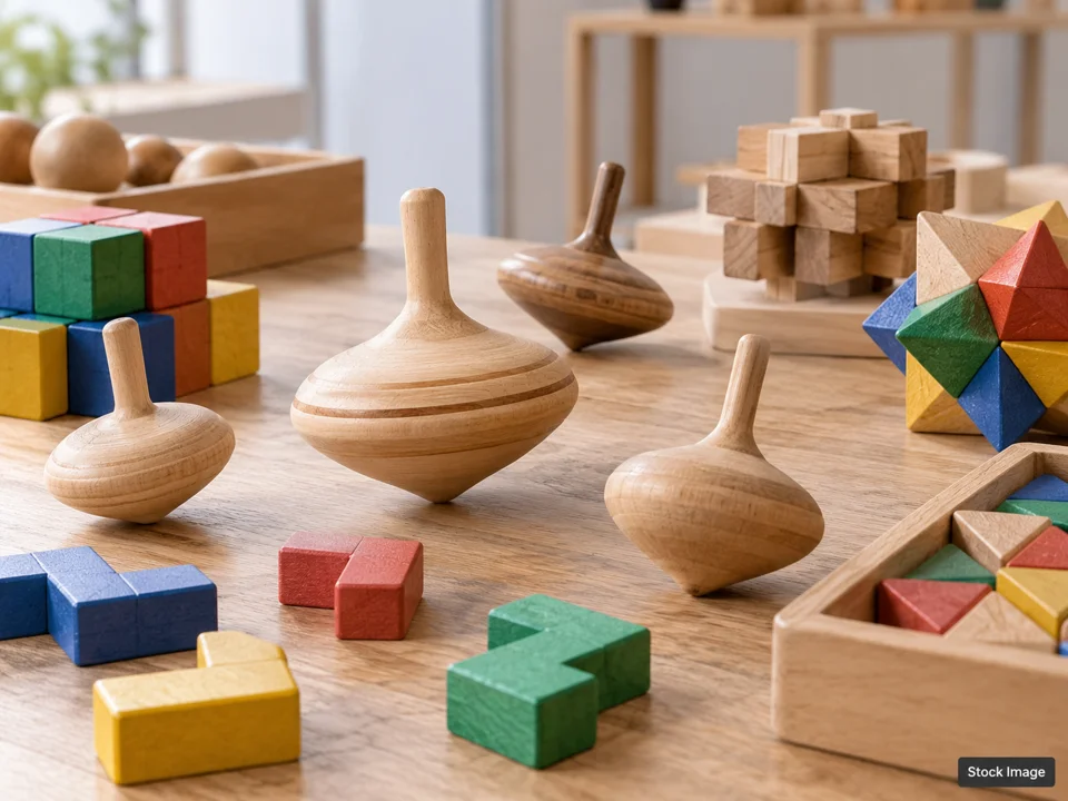 Brick Fan Event Greenville: Toy Shows in Greenville, South Carolina (plain wooden spinning tops and colorful geometric puzzle pieces arranged on a hobby exhibition table scene)