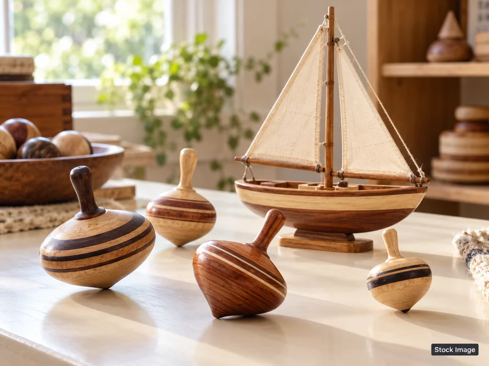 BrickFair Oaks, PA: Toy Shows in Pennsylvania (handcrafted wooden spinning tops and a miniature wooden sailboat displayed on a cream toy collectors table scene)