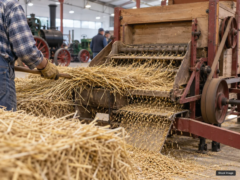 Mid Ohio Benefit Truck & Tractor Pull: Antique Tractor, Engine & Steam Shows in Mt. Hope, Ohio (threshing scene)