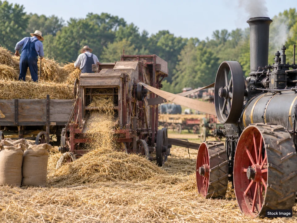 New Hampshire Farm, Forest, and Garden Expo: Antique Tractor, Engine & Steam Shows in Deerfield, New Hampshire (threshing scene)