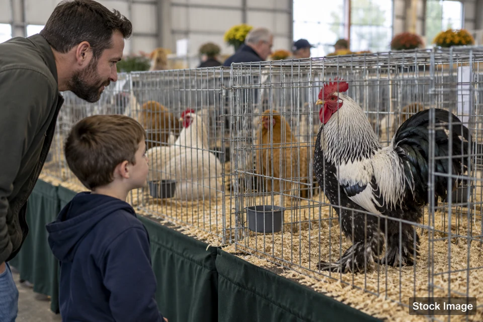 Exhibition poultry — exhibition poultry exhibits and activities scene