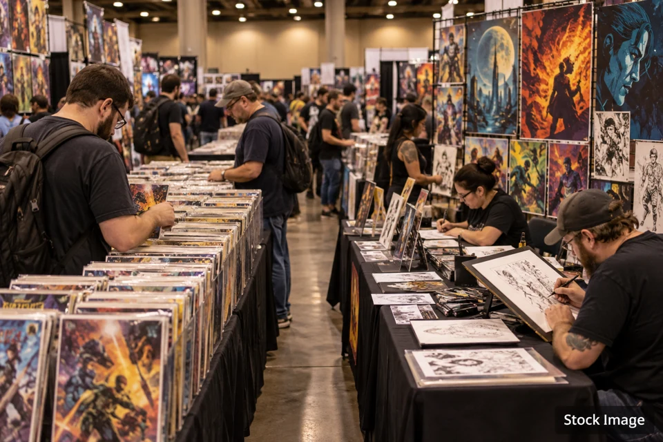 Comic con — comic books, artists and visitors at a convention scene