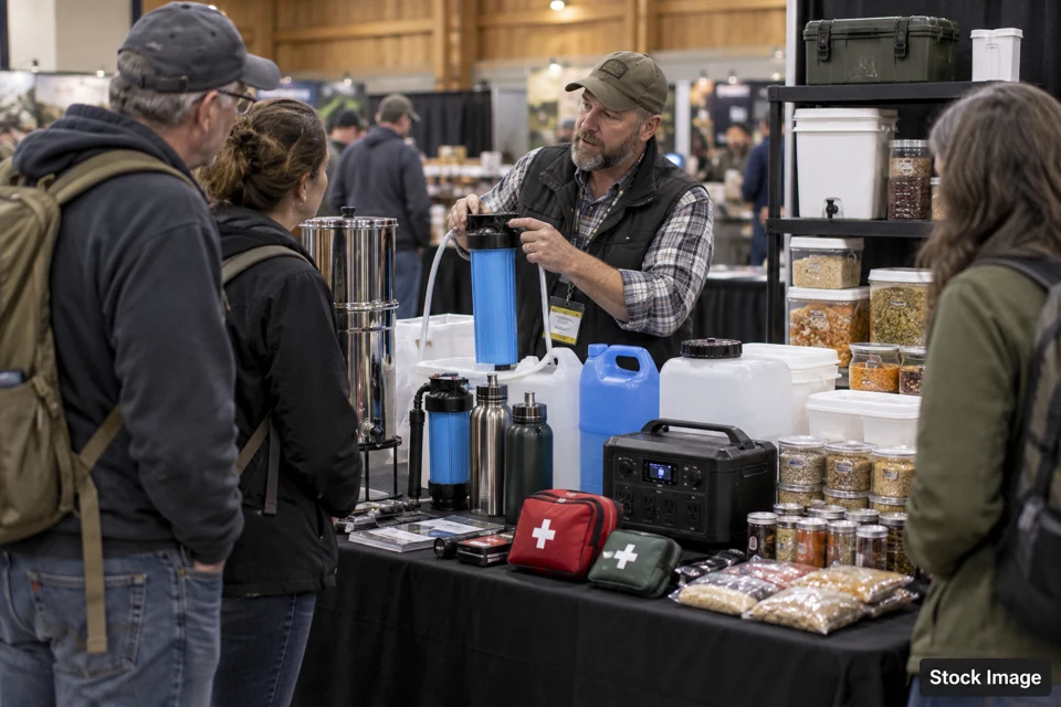Preparedness — emergency supplies and water filtration equipment at an exhibition booth scene
