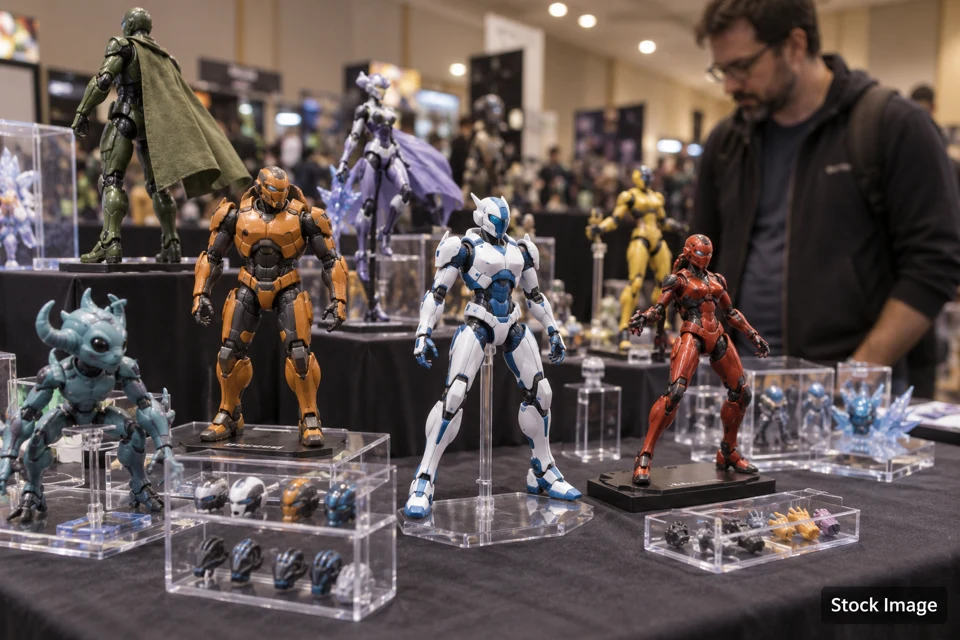 Action figures — poseable collectible toy figures on an exhibition table scene